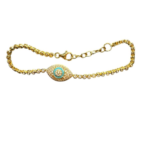 925 Sterling Silver Gold Triple ‎ Moissanite Evil Eye Bracelet Adjustable 7.5–8